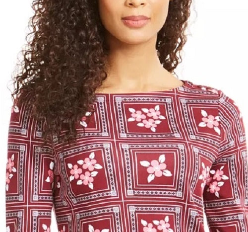 Charter Club Women's Printed 3/4-Sleeve Cotton Top Red Size Petite Small