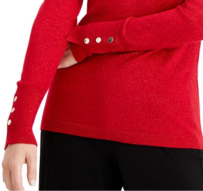 JM Collection Women's Metallic Round Neck Stud Cuff Sweater Red Size X-Large