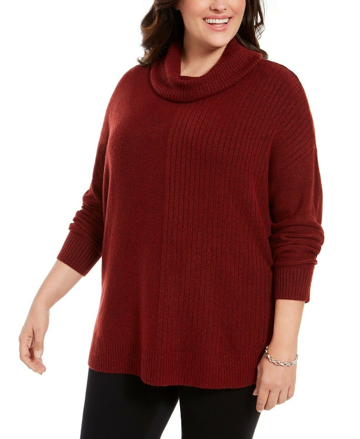 Style & Co Women's Mixed-Stitch Ribbed Turtleneck Tunic Sweater Wine Size X-Small