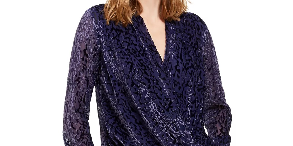 Alfani Women's Printed Burnout Surplice Top Purple Size Medium