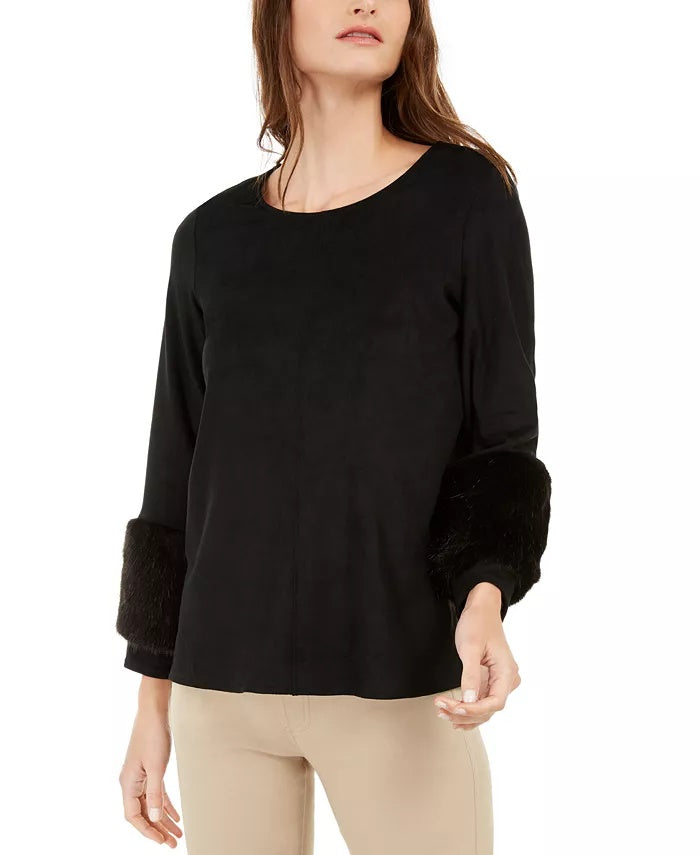 Alfani Women's Faux-Suede & Faux-Fur Top Black Size Medium