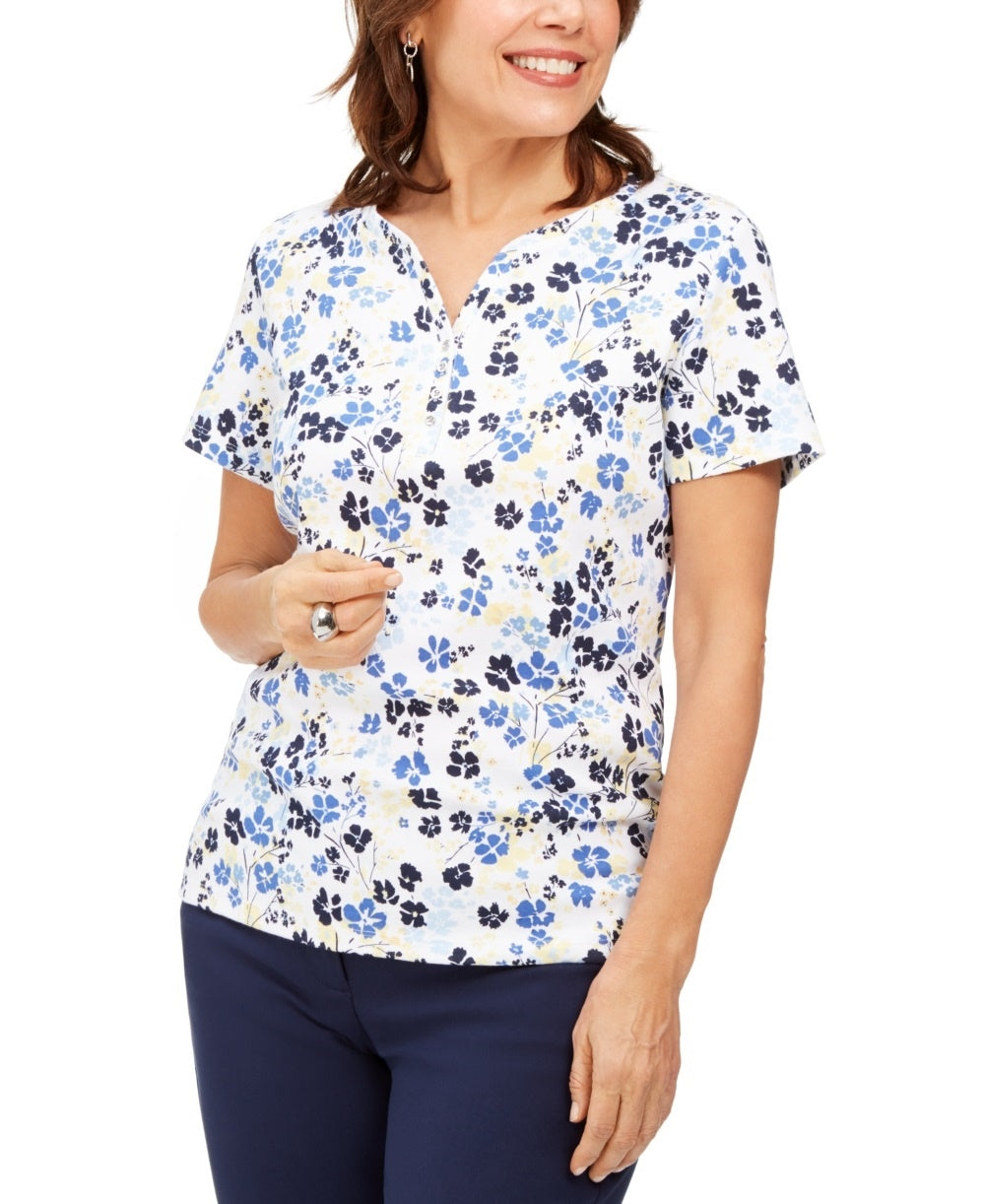 Karen Scott Women's Printed Henley Top Yellow Size X-Small