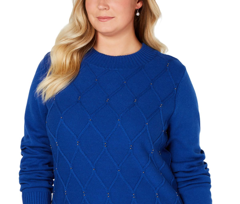 Karen Scott Women's Beaded Cable Mock Neck Sweater Bright Blue Size Extra Large