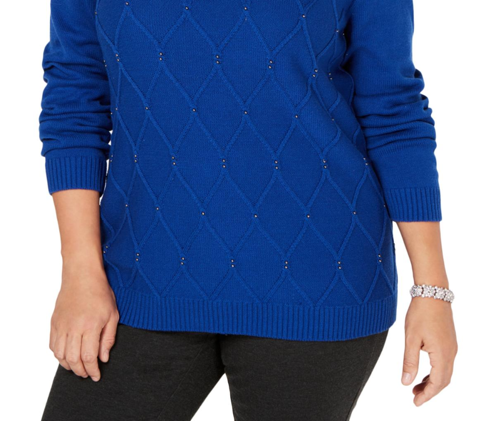 Karen Scott Women's Beaded Cable Mock Neck Sweater Bright Blue Size Extra Large