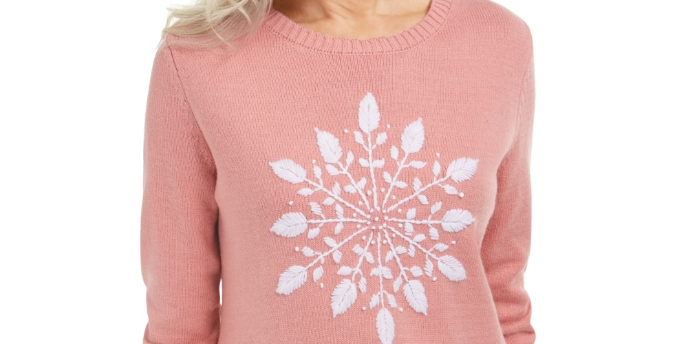 Karen Scott Women's Snowflake Applique Sweater Pink Size X-Small