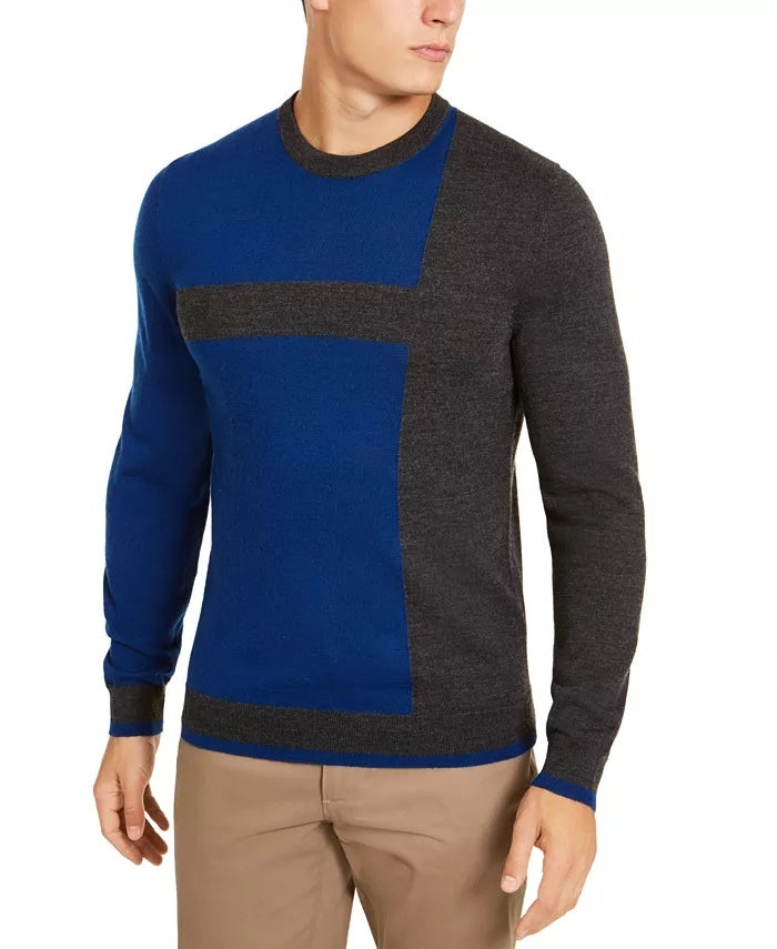 Alfani Men's Merino Blend Blocked Crewneck Sweater Grey Size XX-Large