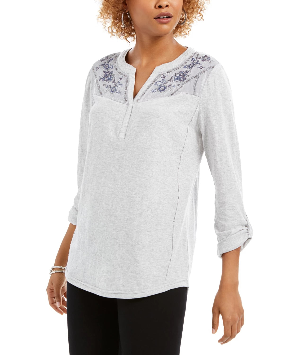 Style & Co Women's Velvet Yoke Embroidered Top -Grey Size Petite Medium