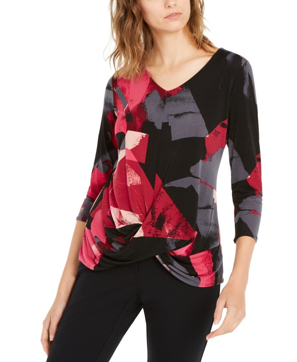 Alfani Women's Printed Draped 3/4 Sleeve Top Pink Size XX-Large