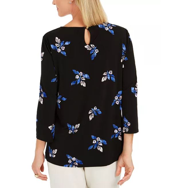 Charter Club Women's Floral Print Pleated Yoke Blouse Black Size XX-Large