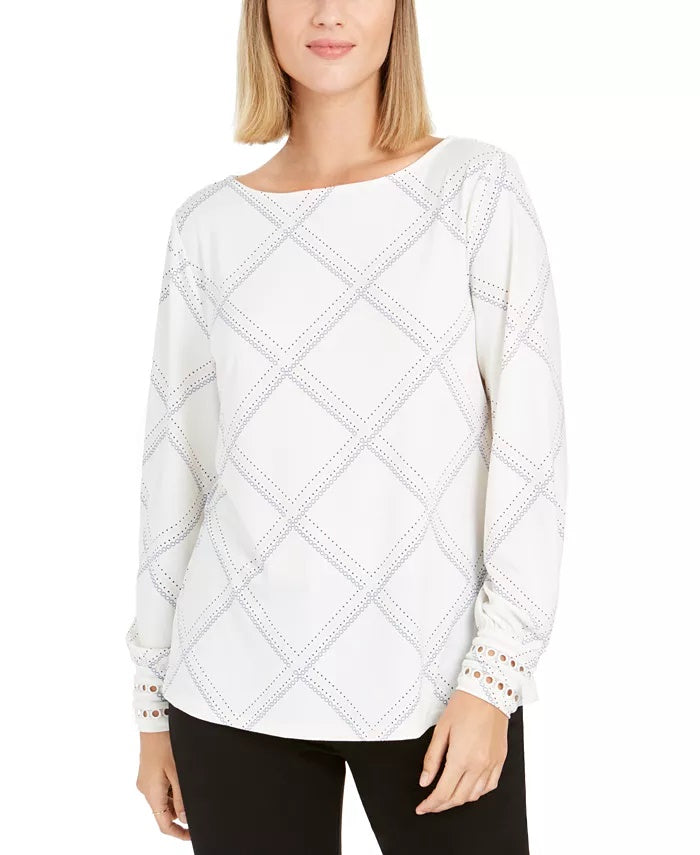 Charter Club Women's Plaid Knit Top White Size Large