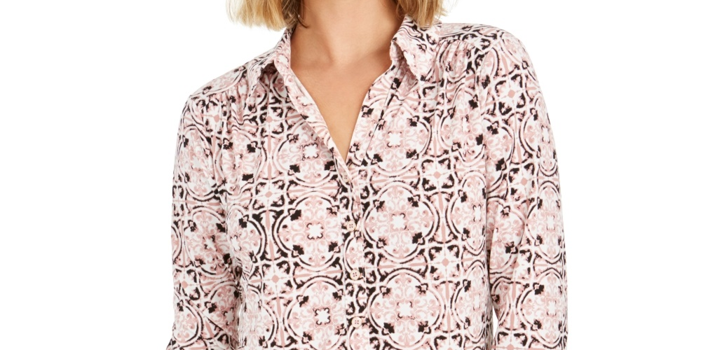 Charter Club Women's 3/4 Sleeve Printed Polo Top  Pink Size X-Small