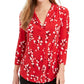 Charter Club Women's Floral Print Pleated V Neck Blouse Red Size Large