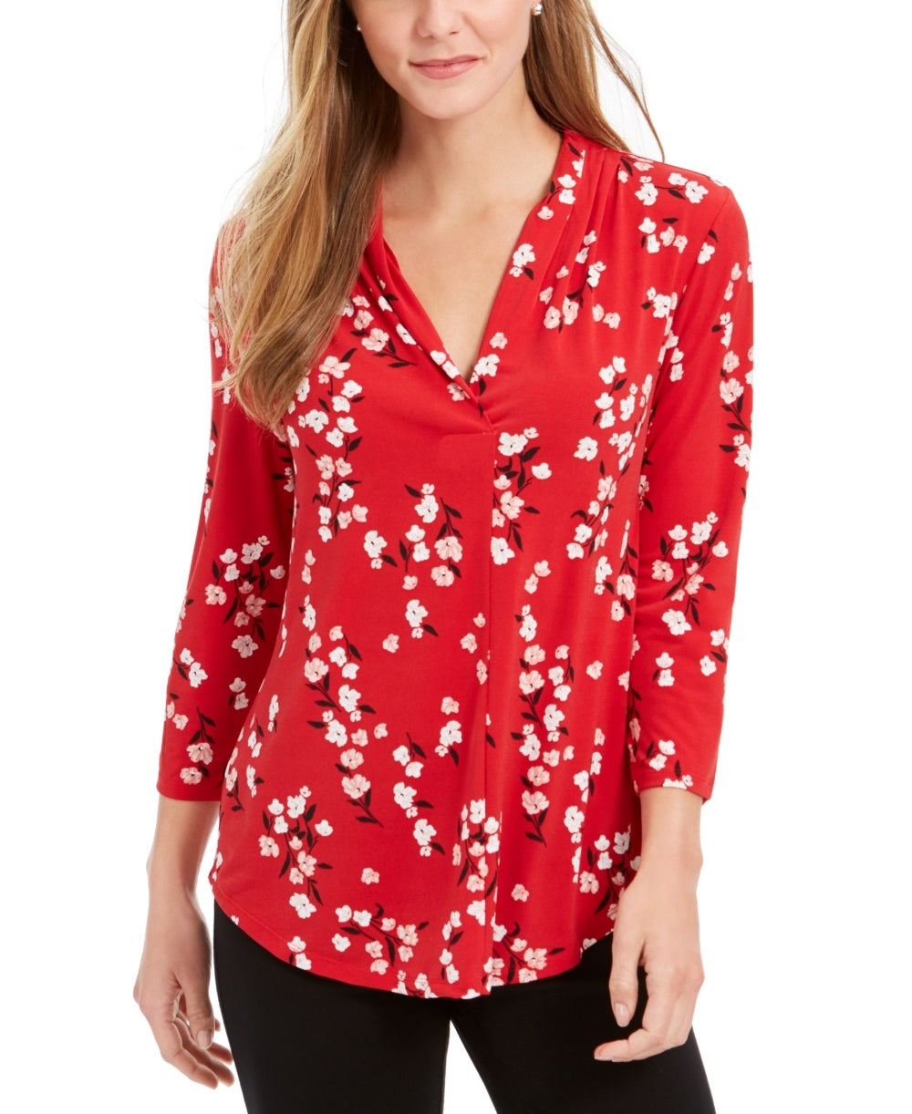 Charter Club Women's Floral Print Pleated V Neck Blouse Red Size Large