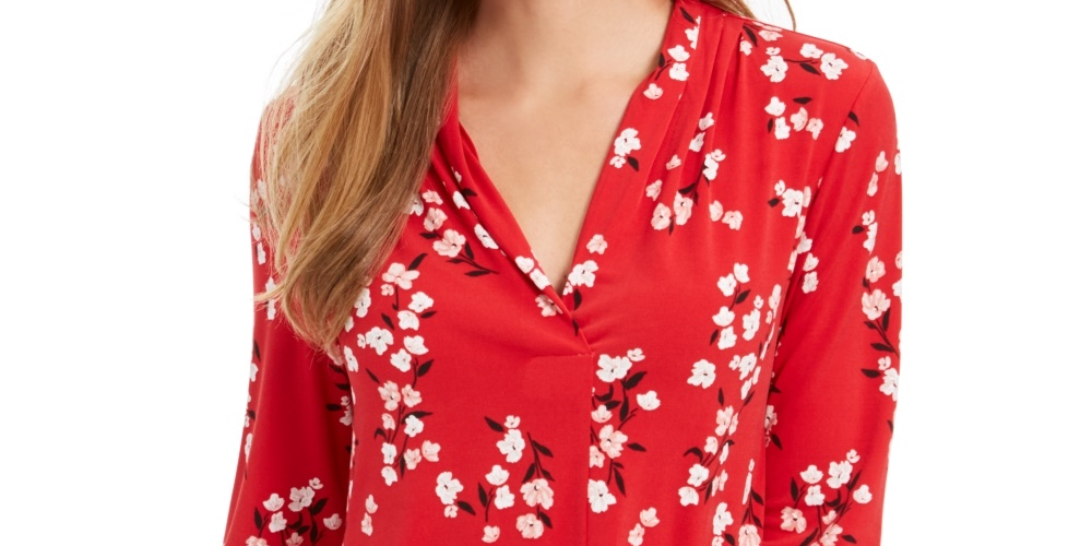 Charter Club Women's Floral Print Pleated V Neck Blouse Red Size Large