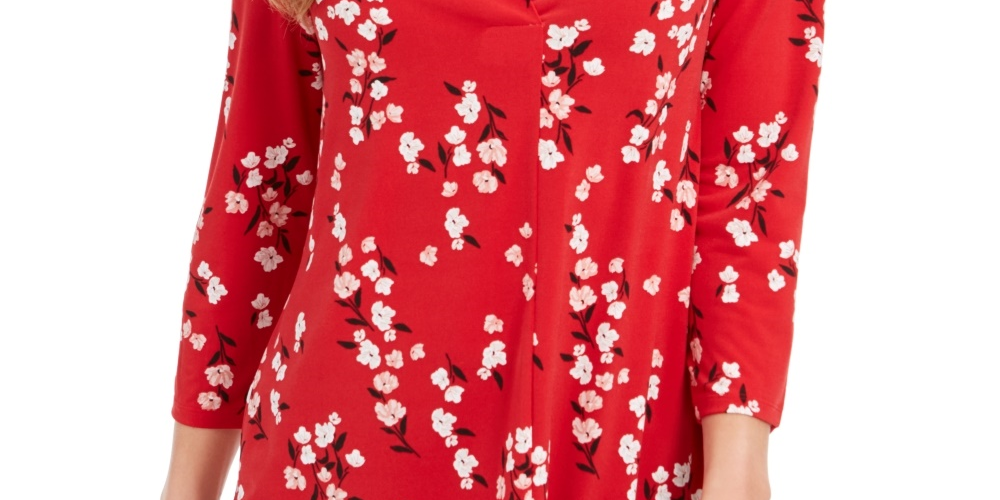 Charter Club Women's Floral Print Pleated V Neck Blouse Red Size Large