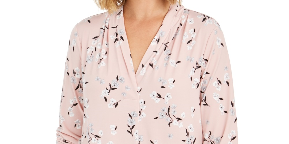 Charter Club Women's Petite Floral-Print V-Neck Top Pink Size Petite Small