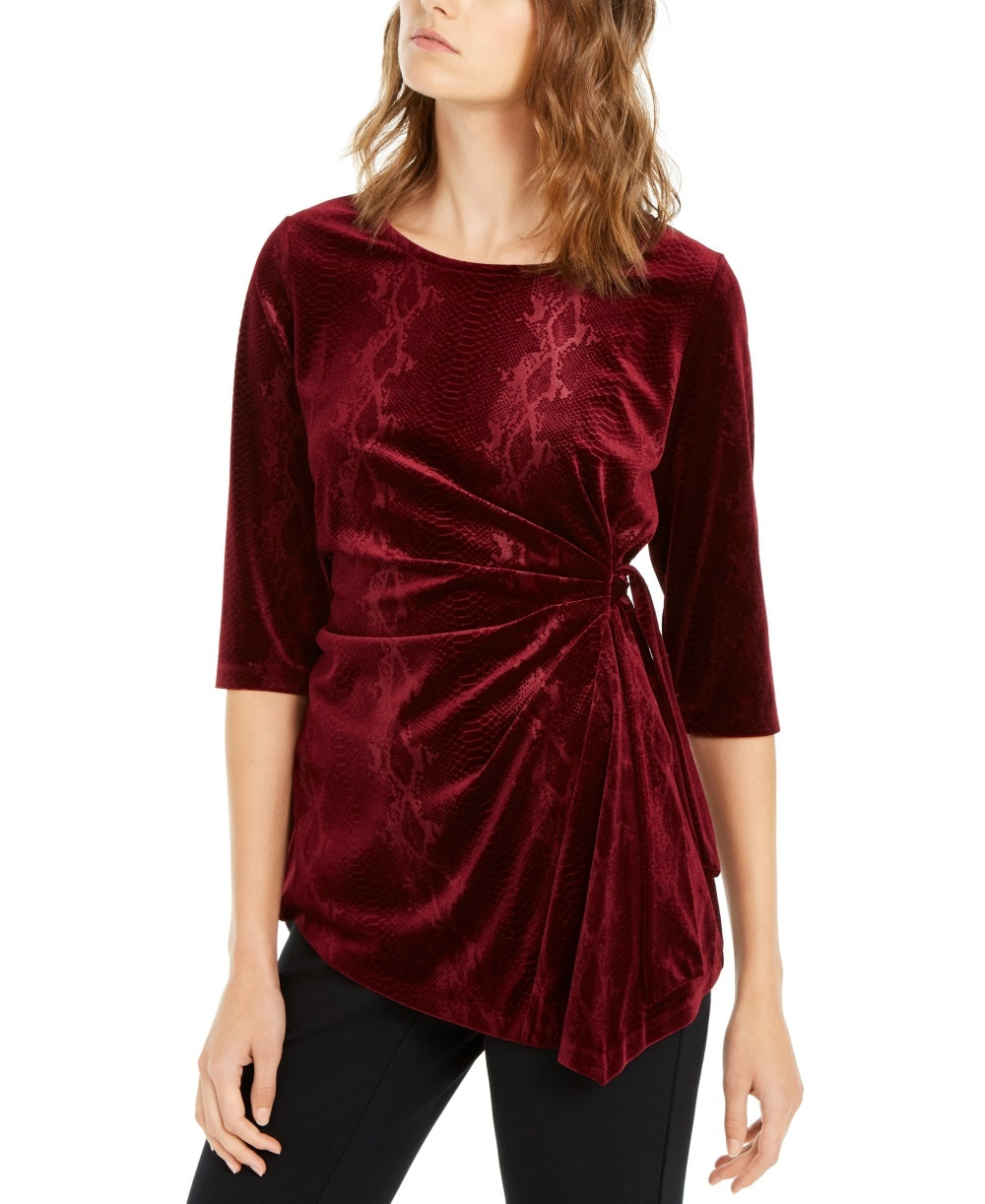 Alfani Women's Snakeskin Print Side Tie Velvet Top  Wine Size XX-Large