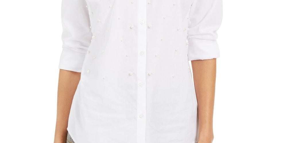 Charter Club Women's Faux Pearl Shirt White Size X-Large