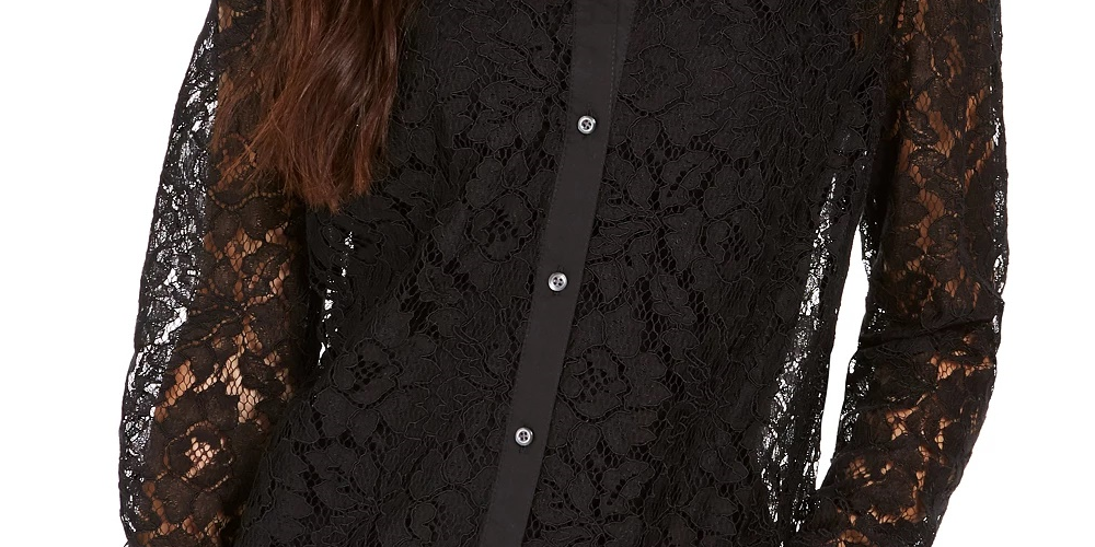 Charter Club Women's Lace Button Down Top Black Size Small
