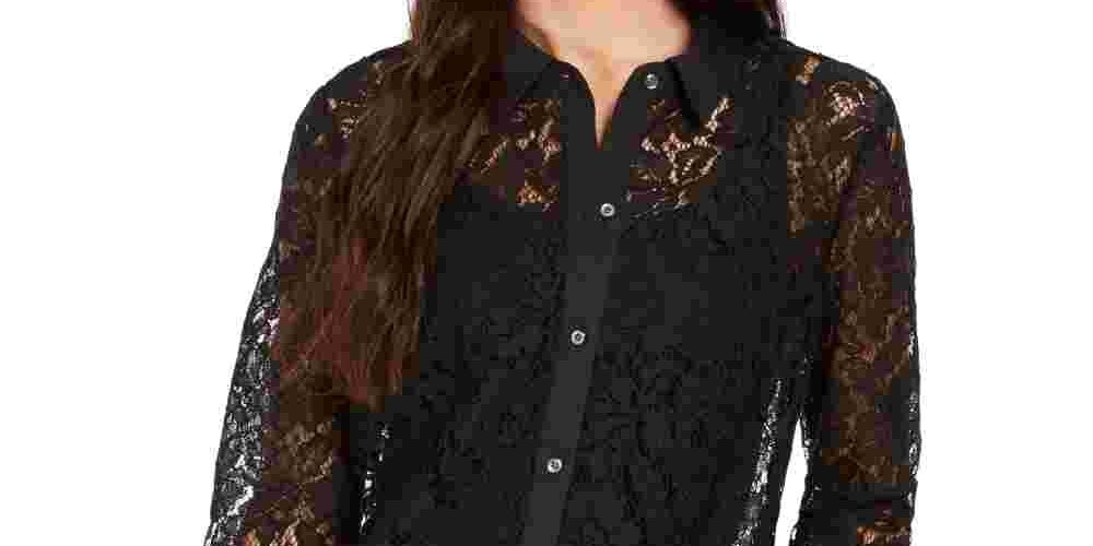 Charter Club Women's Lace Button Up Shirt Black Size Petite Medium