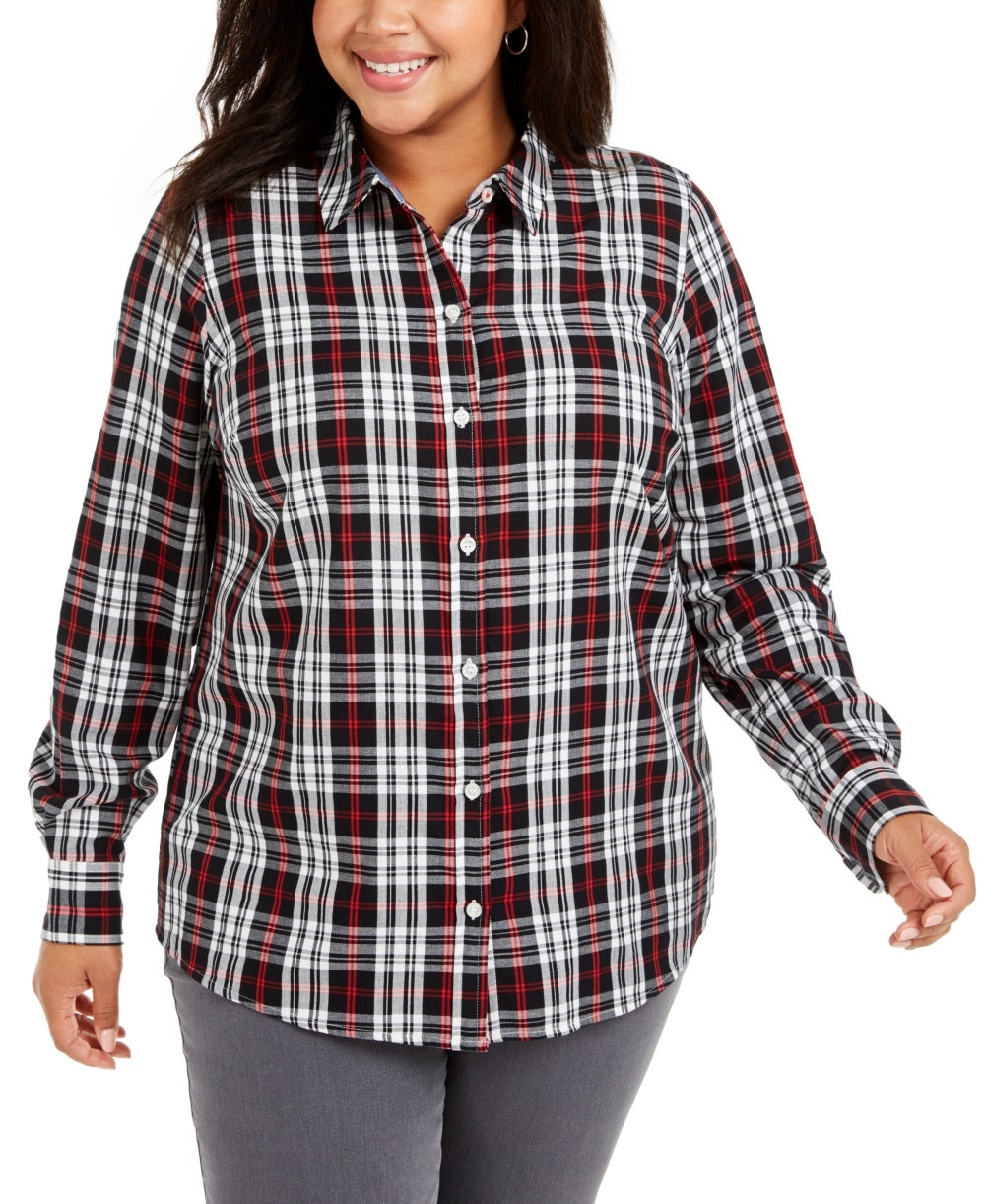 Charter Club Women's Plus Size Ilanna Cotton Plaid Button-Up Shirt Black Size 1X