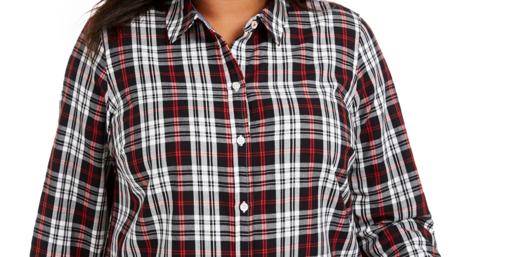 Charter Club Women's Plus Size Ilanna Cotton Plaid Button-Up Shirt Black Size 1X