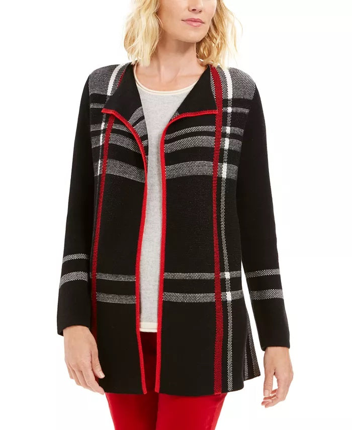 Charter Club Women's Plaid Open Front Cardigan Black Size XX-Large