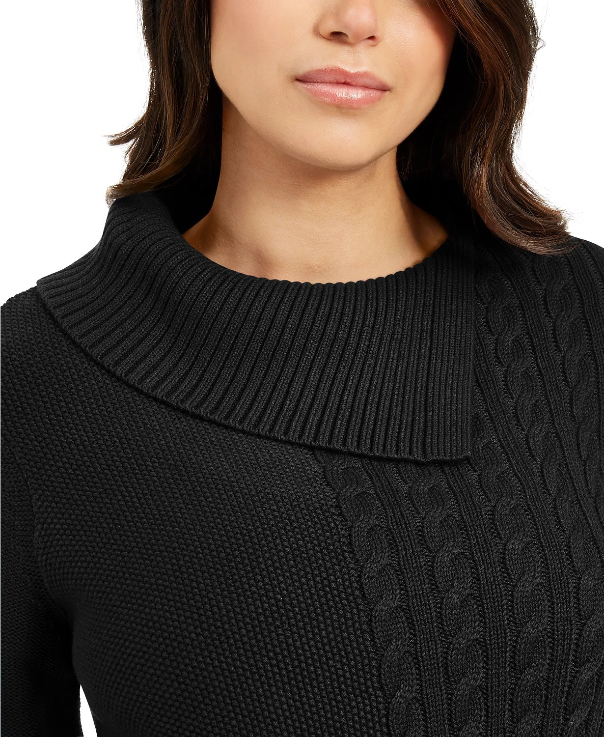 Charter Club Women's Patchwork Stitch Asymmetrical Collar Sweater Black Size X-Small