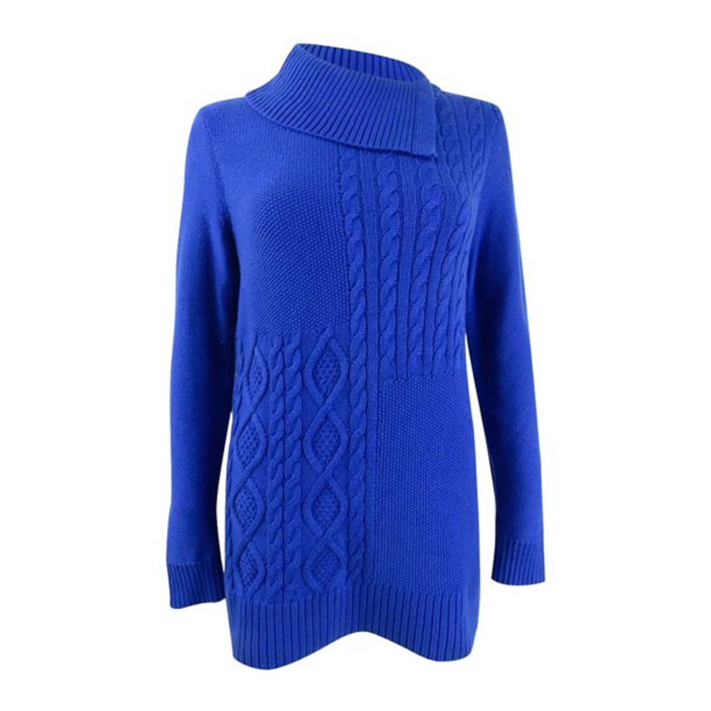 Charter Club Women's Patchwork-Stitch Asymmetrical-Collar Sweater Blue Size XX Large