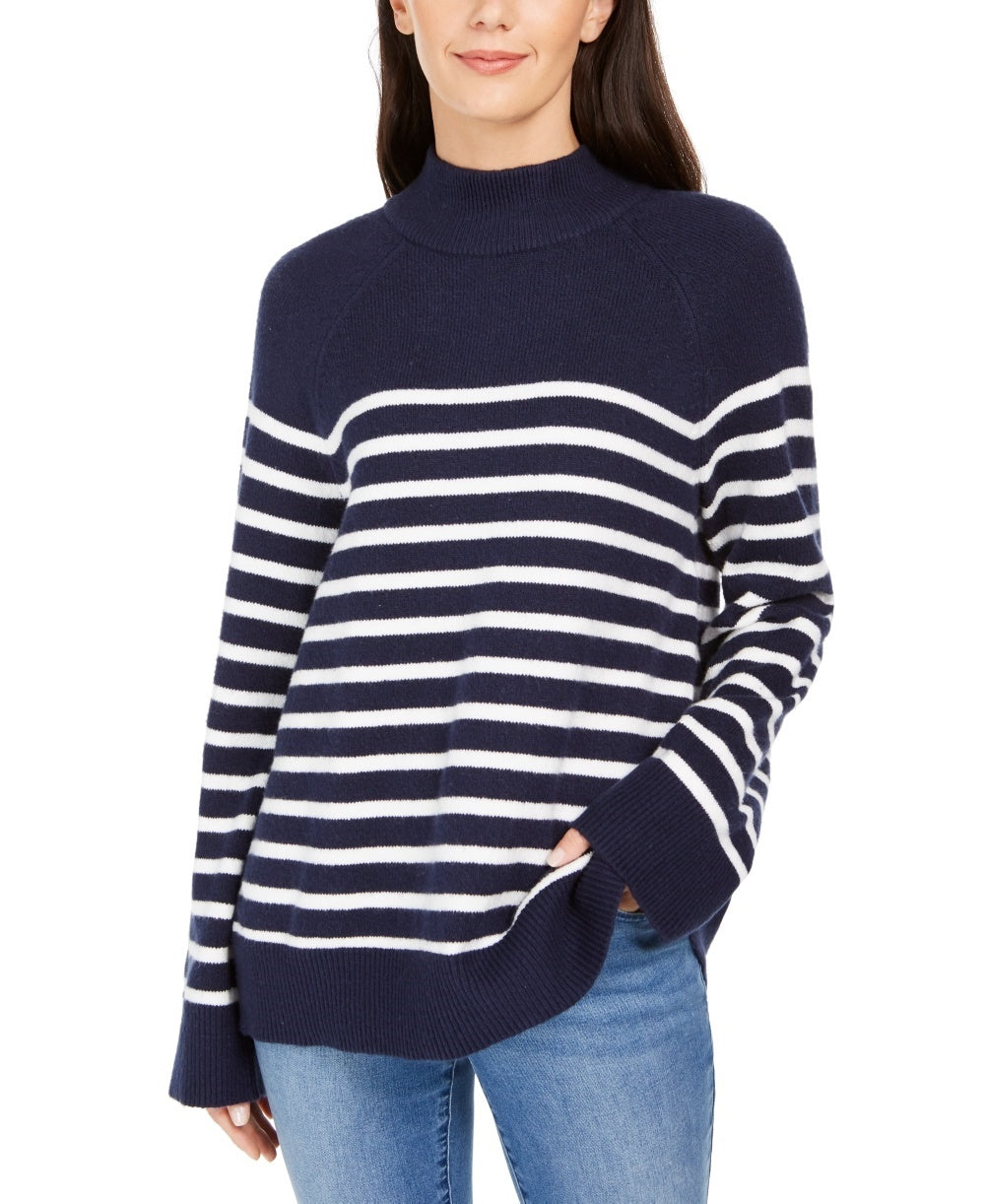 Charter Club Women's Striped Mockneck Sweater  Blue Size Medium