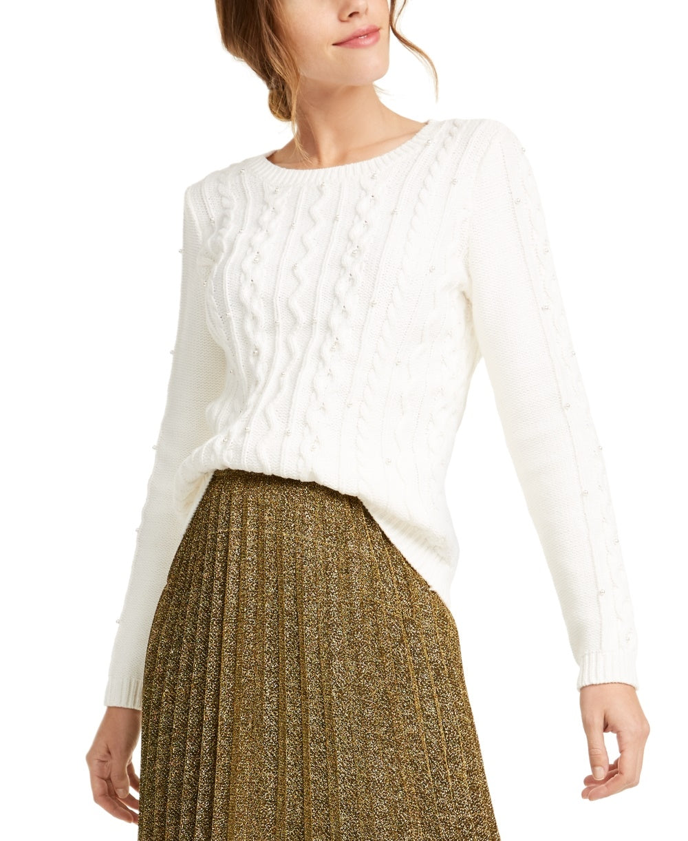 Maison Jules Women's Imitation-Pearl Cable-Knit Sweater White Size X-Large
