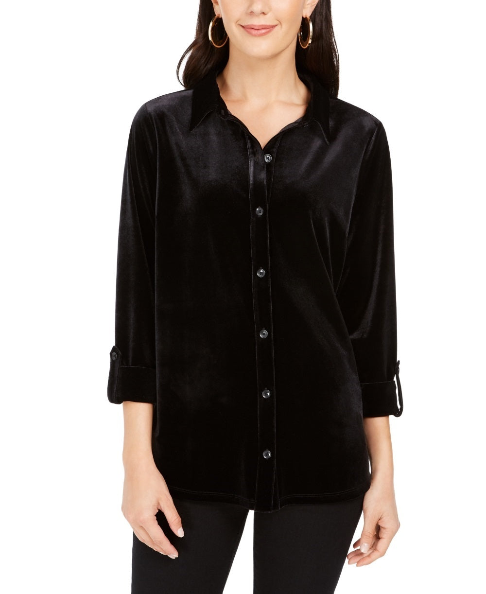Charter Club Women's Button Down Velvet Shirt Black Size XX-Large