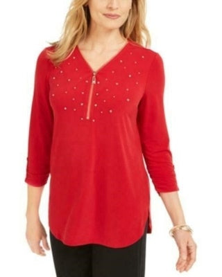 JM Collection Women's Embellished Zipper Trim Top  Red Size Large