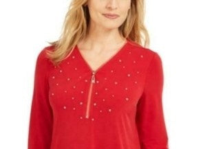 JM Collection Women's Embellished Zipper Trim Top  Red Size Large