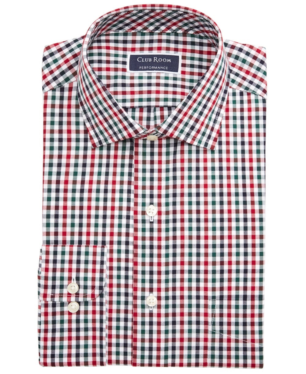 Club Room Men's Dress Shirt Green Holiday Gingham Check Red Size 17.5X32X33