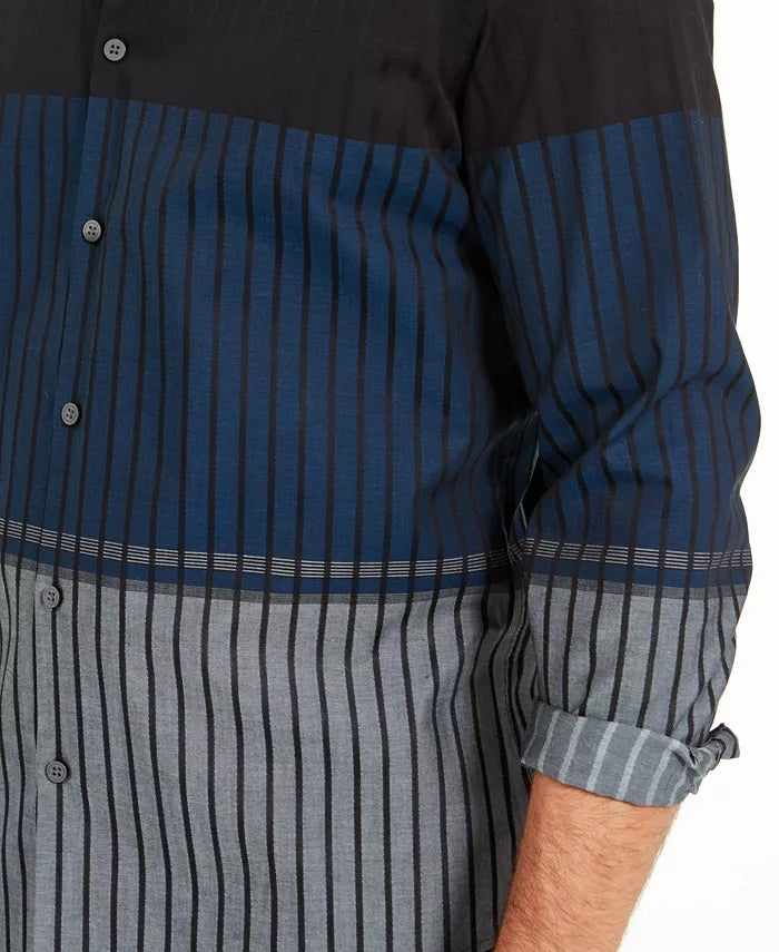 Alfani Men's Classic Fit Colorblocked Ombre Stripe Shirt Navy Size Large