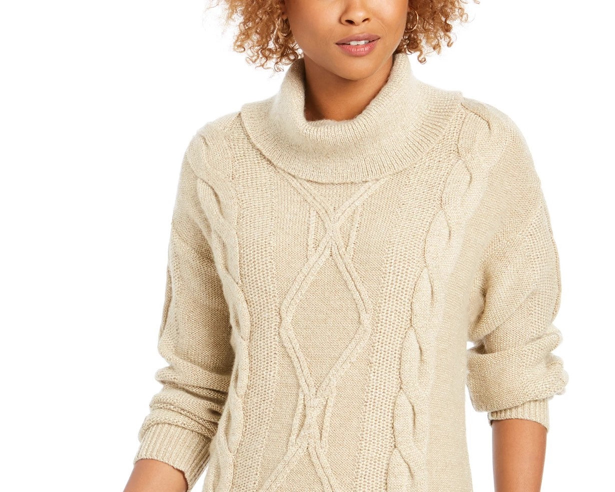 Charter Club Women's Cowl-Neck Cable-Knit Glitter Sweater Natural Size Large