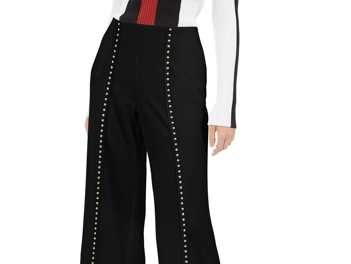 INC International Concepts Women's Petite Studded Crepe Wide-Leg Pants Black Size Petite Large