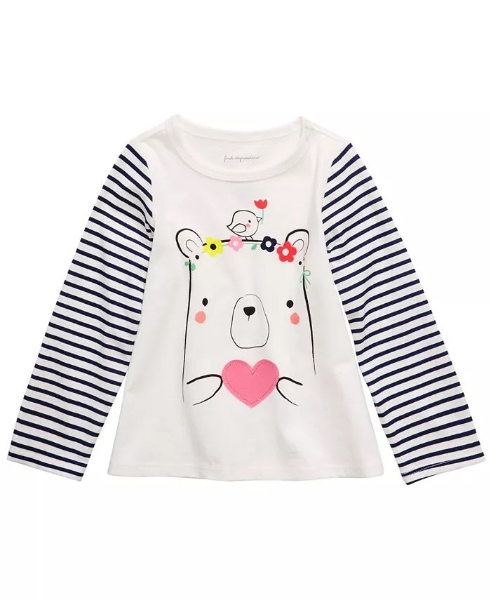 First Impressions Toddler Girl's Cotton Striped Bear T-Shirt White Size 3T