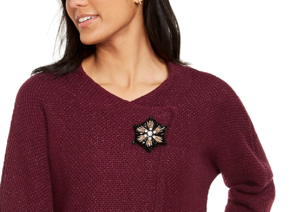 JM Collection Women's Holiday Party Metallic Textured Brooch Sweater Jacket Dark Purple Size X-Large