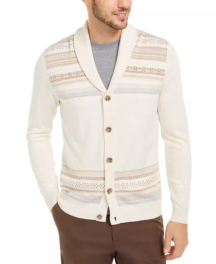 Tasso Elba Men's Geo-Stripe Intarsia-Knit Cardigan White Size Extra Large