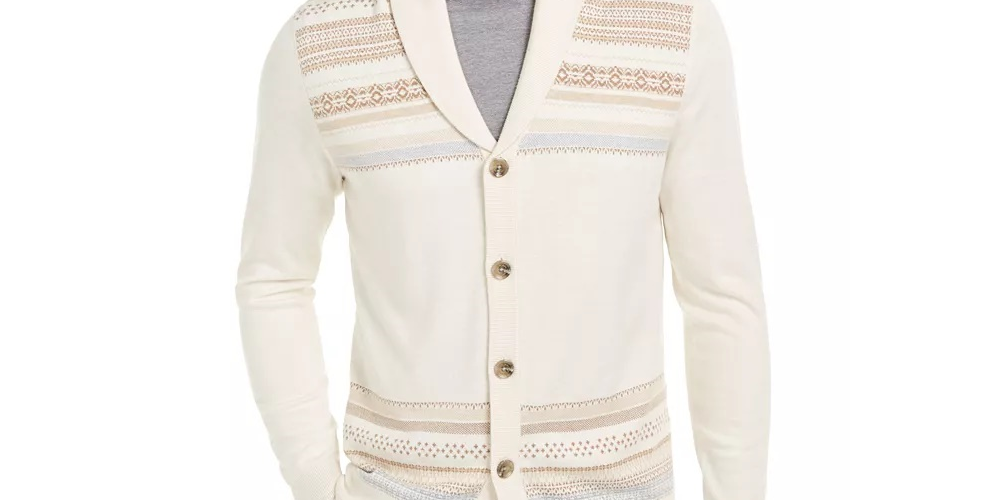 Tasso Elba Men's Geo-Stripe Intarsia-Knit Cardigan White Size Extra Large