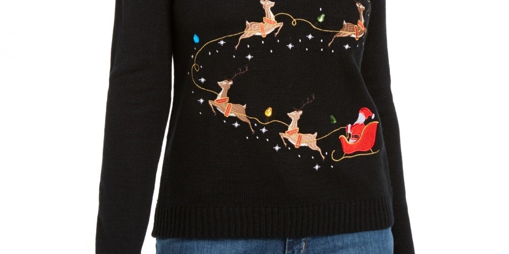 Karen Scott Women's Embroidered Reindeer Sweater  Black Size Small