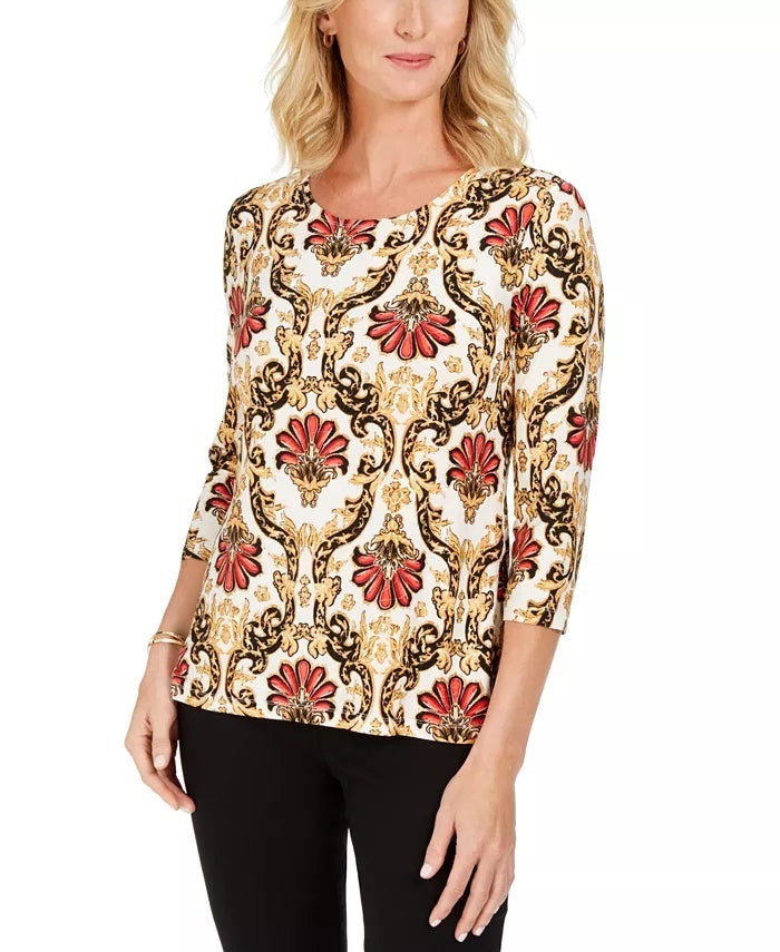 JM Collection Women's Printed Jacquard Top Black Size Small