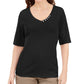 Karen Scott Women's Button Detail V Neck Top Black Size Small