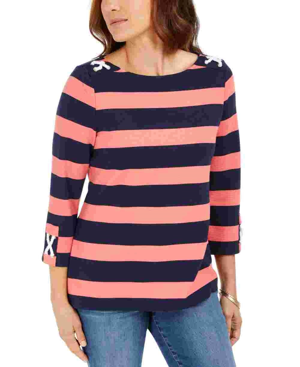 Charter Club Women's Grommet Trim Striped Top Red Size Medium