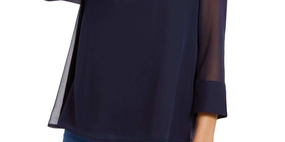 Charter Club Women's Sheer-Sleeve Top Blue Size X-Small