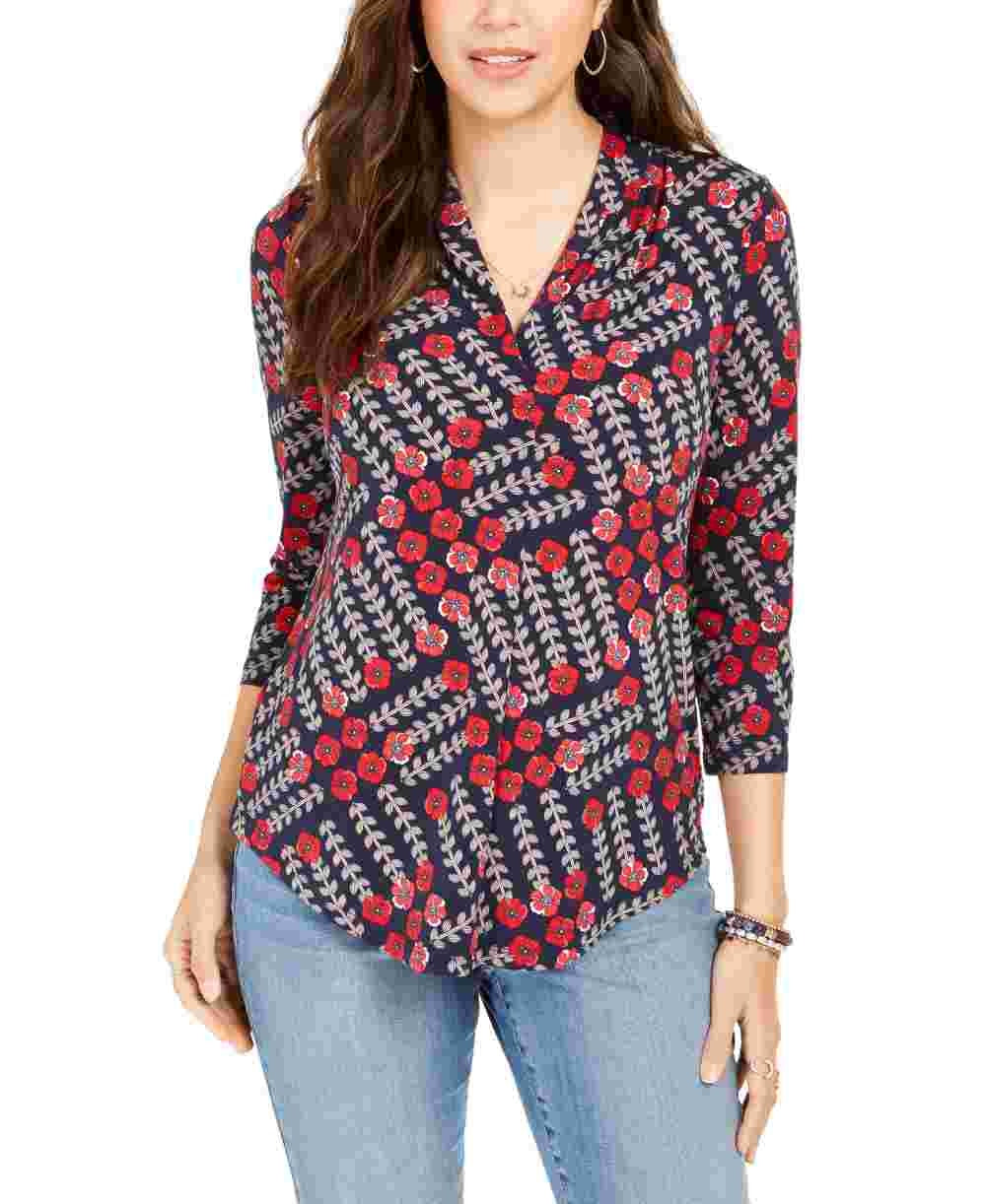 Charter Club Women's Printed V Neck Top Blue Size Small