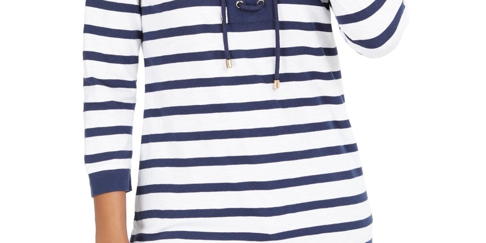 Charter Club Women's Cotton Lace Up Grommet Neck Tunic Blue Size Large