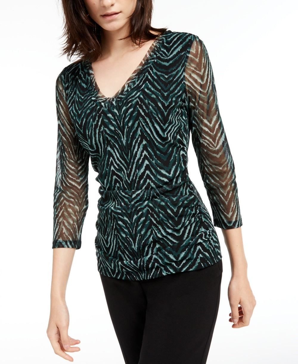 INC International Concepts Women's Double Layer V Neck Top Green Size Petite Medium